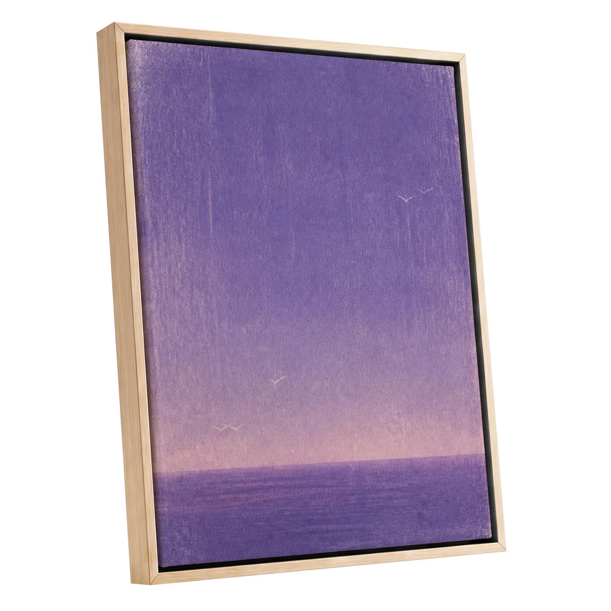 Violet Stillwater, purple, pink, white nature wall art shown as a oak framed canvas wall art