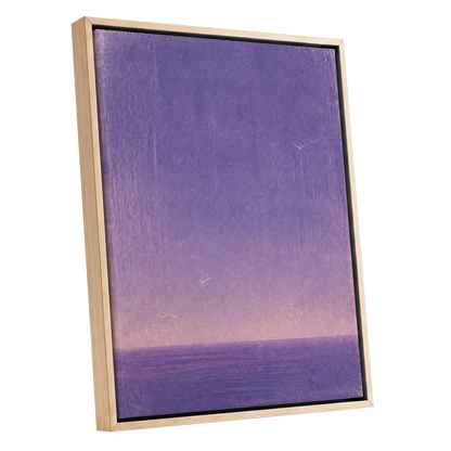 Violet Stillwater, purple, pink, white nature wall art shown as a oak framed canvas wall art