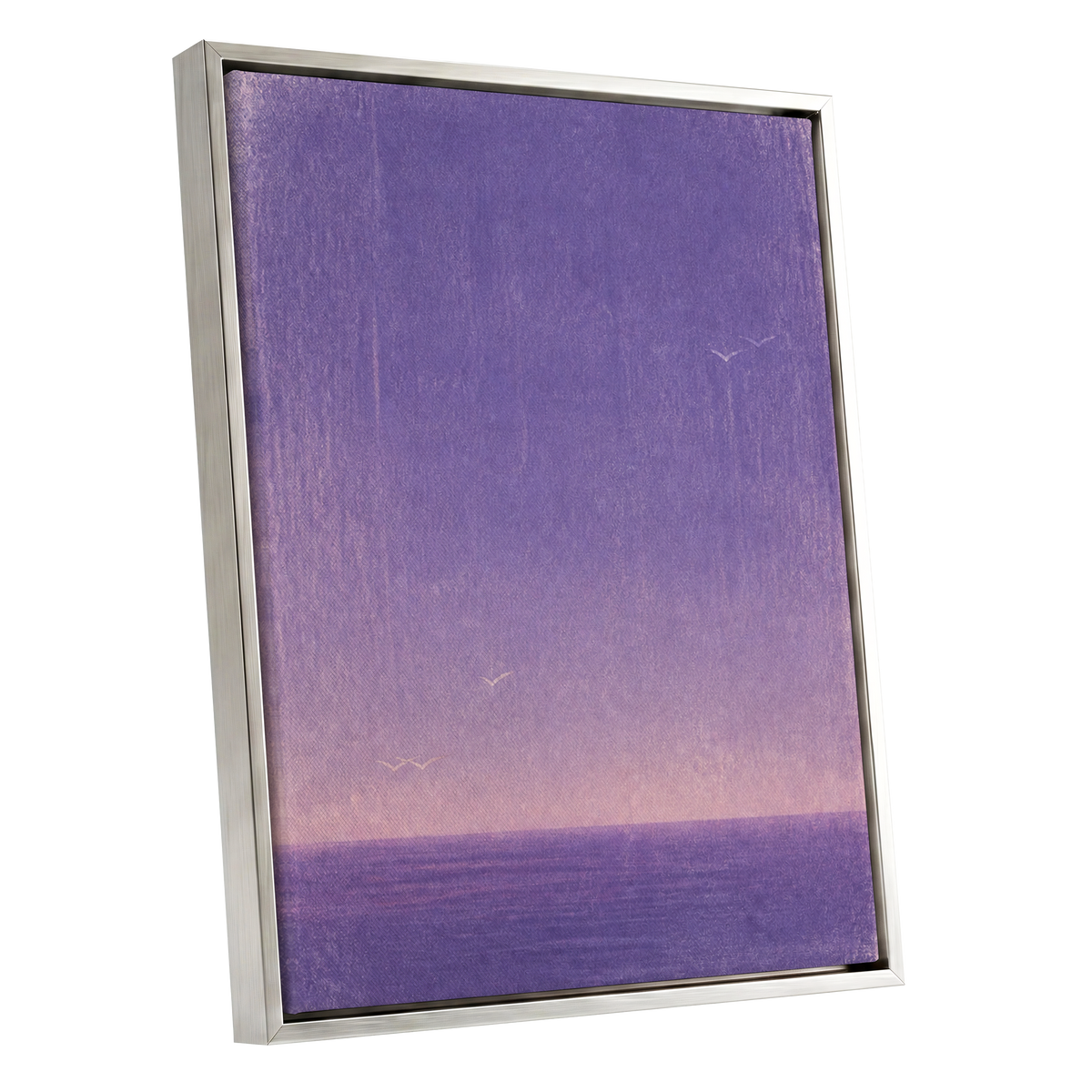 Violet Stillwater, purple, pink, white nature wall art shown as a silver framed canvas wall art