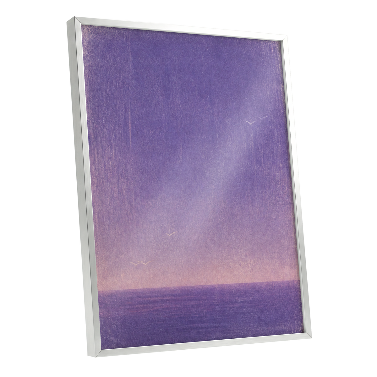 Violet Stillwater, purple, pink, white nature wall art shown as a silver framed poster wall art print
