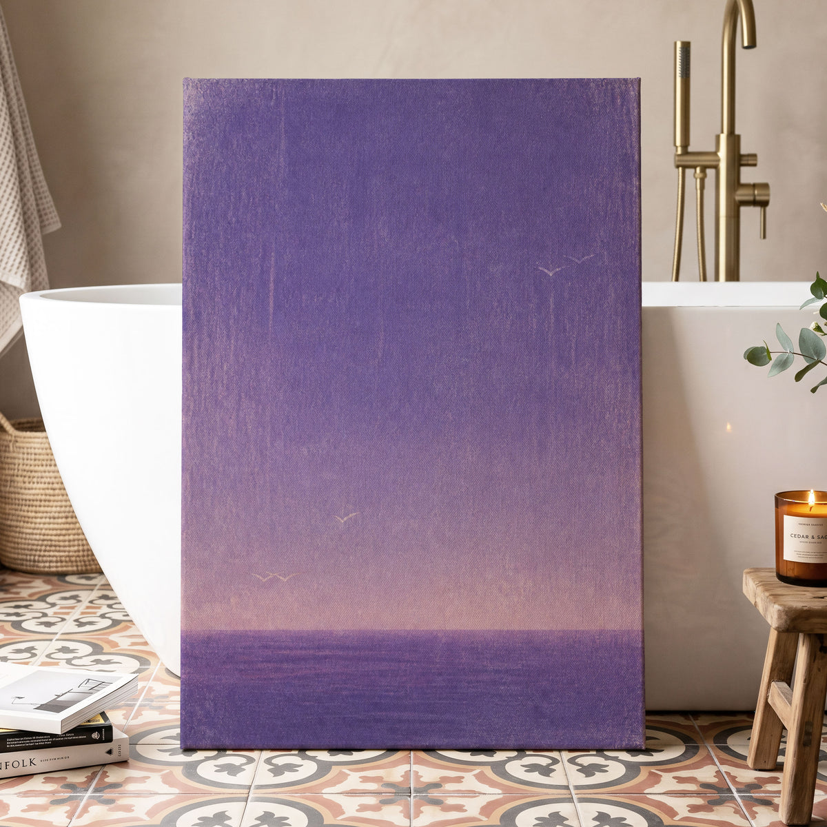 Violet Stillwater, purple, pink, white nature wall art displayed in a styled interior, gallery view 3