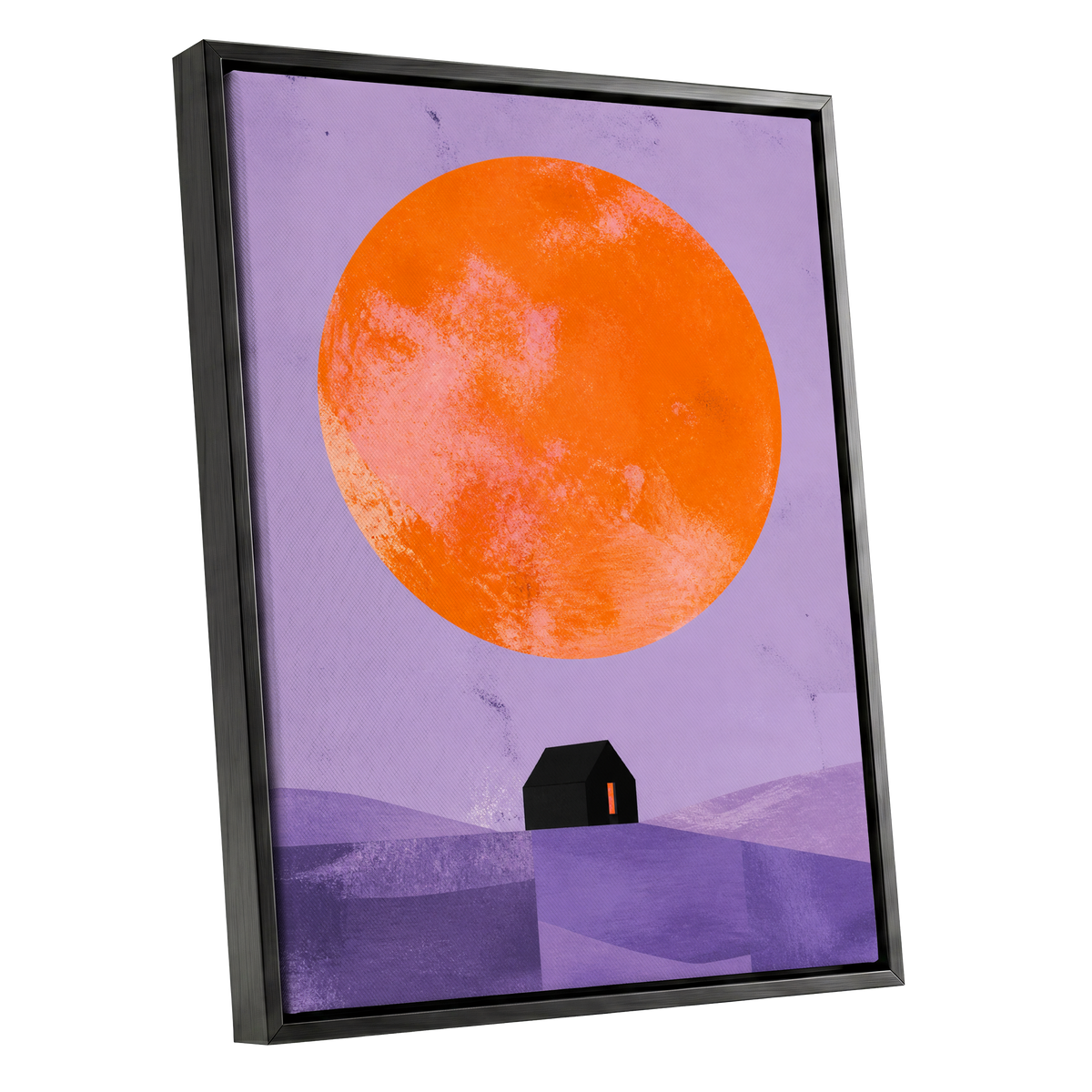 Violet Sun Shelter, black, orange, purple nature wall art shown as a black framed canvas wall art