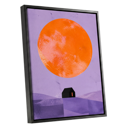 Violet Sun Shelter, black, orange, purple nature wall art shown as a black framed canvas wall art