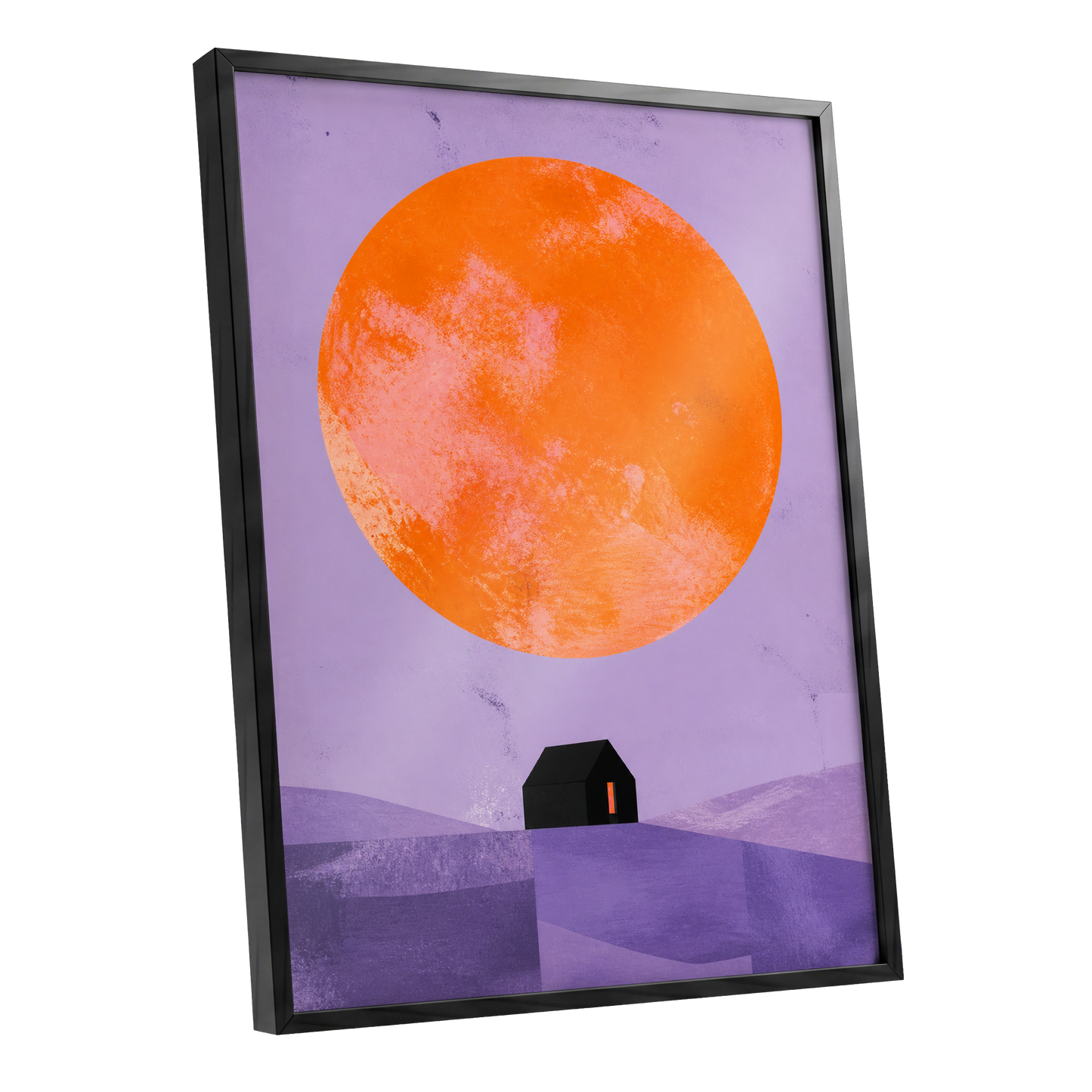 Violet Sun Shelter, black, orange, purple nature wall art shown as a black framed poster wall art print