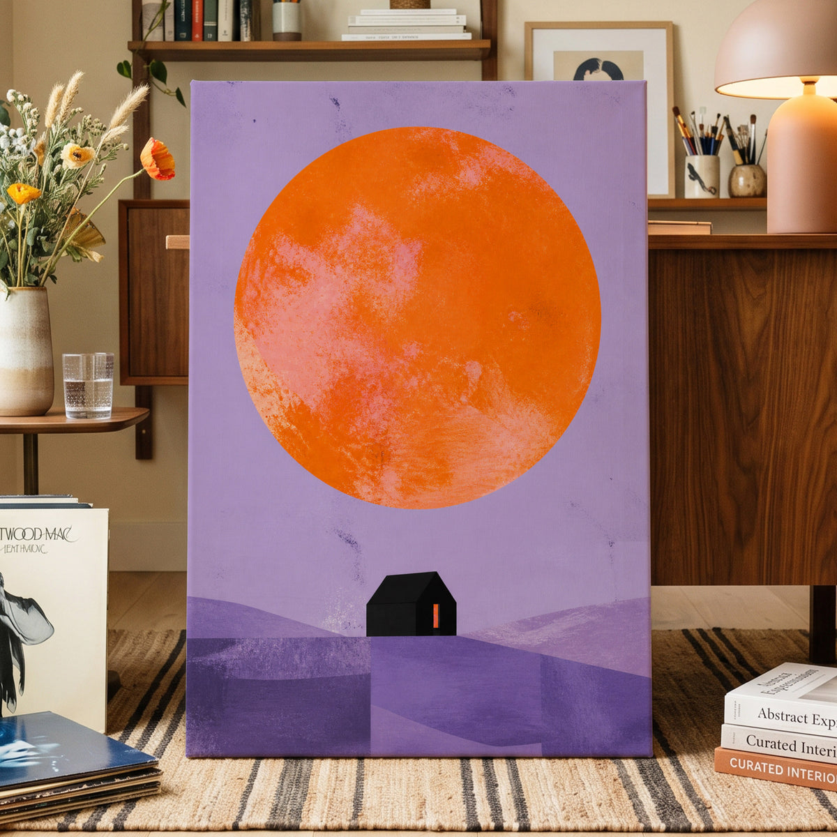 Violet Sun Shelter, black, orange, purple nature wall art on canvas displayed in a styled interior, gallery view 1