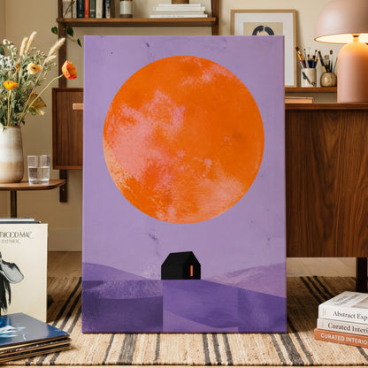Violet Sun Shelter, black, orange, purple nature wall art on canvas displayed in a styled interior, gallery view 1
