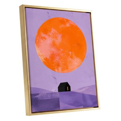 Violet Sun Shelter, black, orange, purple nature wall art shown as a gold framed canvas wall art
