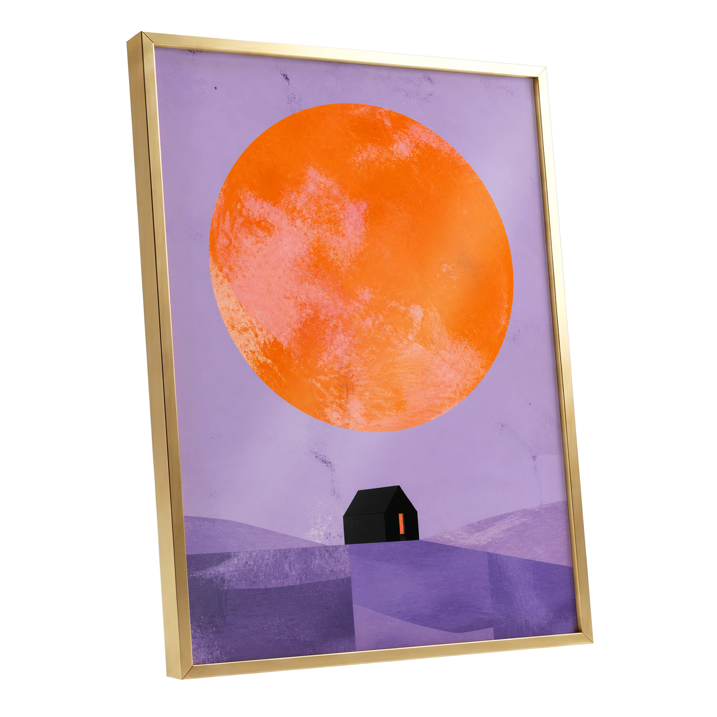 Violet Sun Shelter, black, orange, purple nature wall art shown as a gold framed poster wall art print