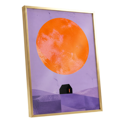 Violet Sun Shelter, black, orange, purple nature wall art shown as a gold framed poster wall art print