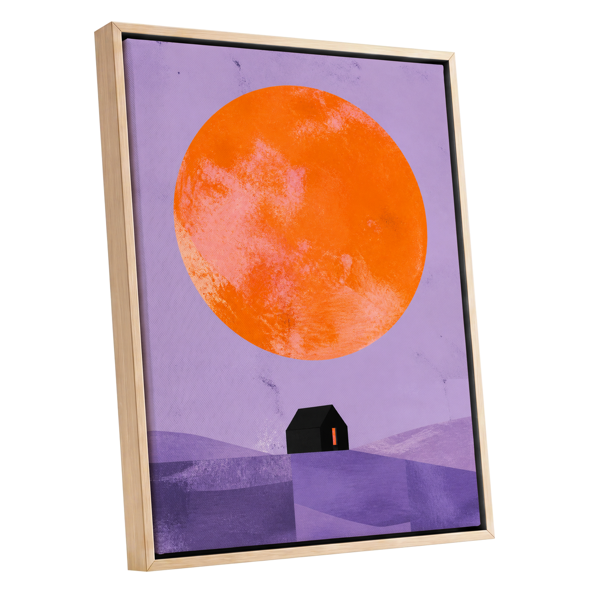Violet Sun Shelter, black, orange, purple nature wall art shown as a oak framed canvas wall art
