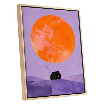 Violet Sun Shelter, black, orange, purple nature wall art shown as a oak framed canvas wall art
