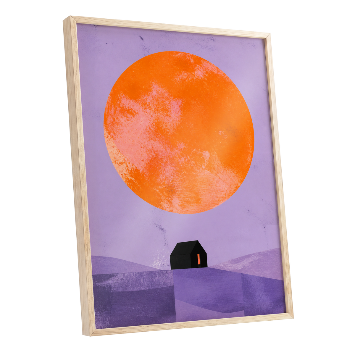 Violet Sun Shelter, black, orange, purple nature wall art shown as a oak framed poster wall art print
