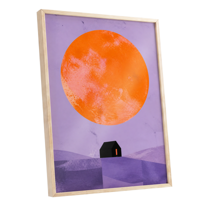 Violet Sun Shelter, black, orange, purple nature wall art shown as a oak framed poster wall art print
