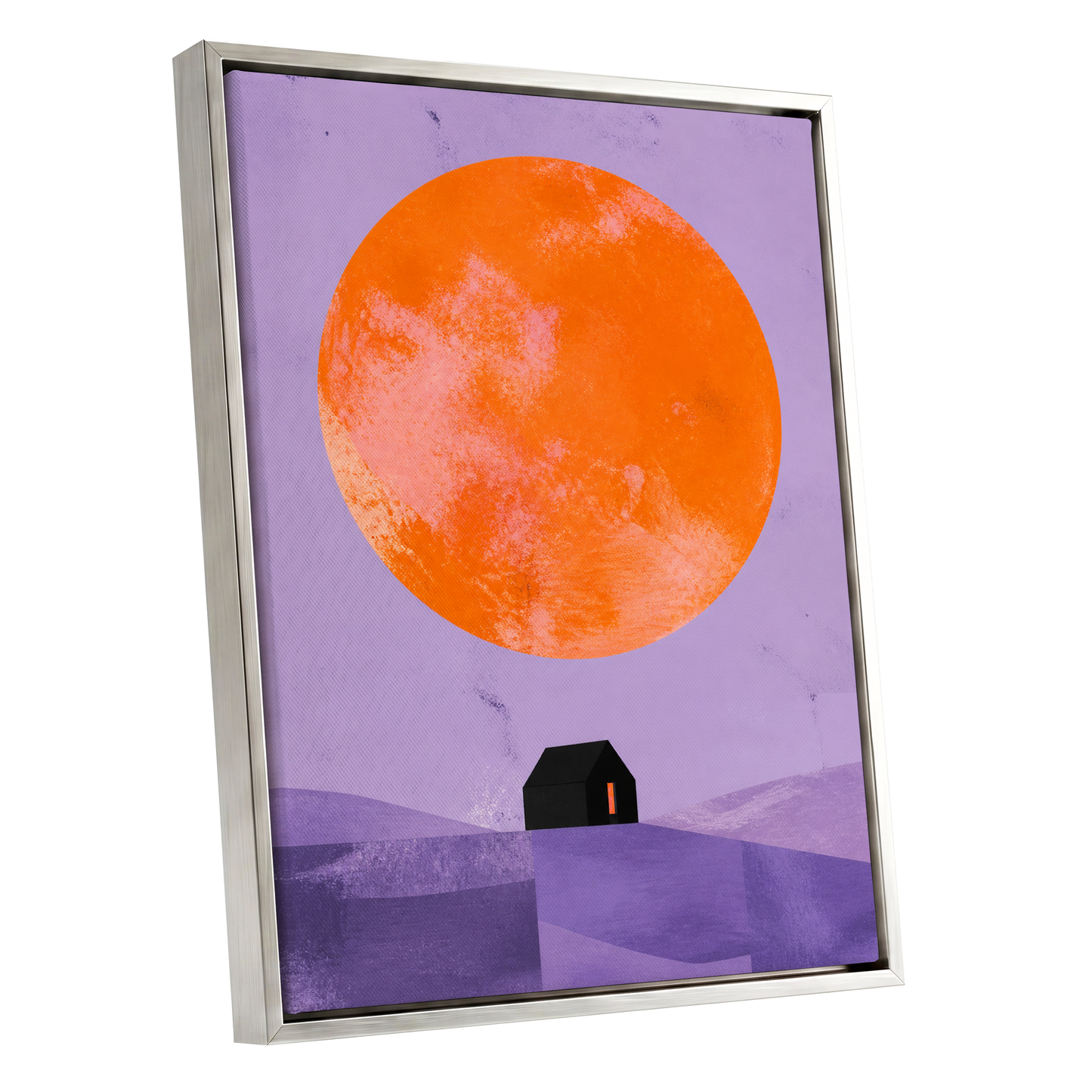 Violet Sun Shelter, black, orange, purple nature wall art shown as a silver framed canvas wall art