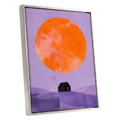 Violet Sun Shelter, black, orange, purple nature wall art shown as a silver framed canvas wall art