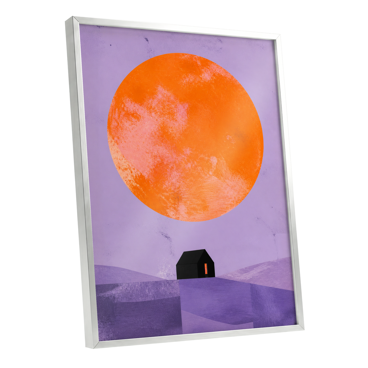 Violet Sun Shelter, black, orange, purple nature wall art shown as a silver framed poster wall art print