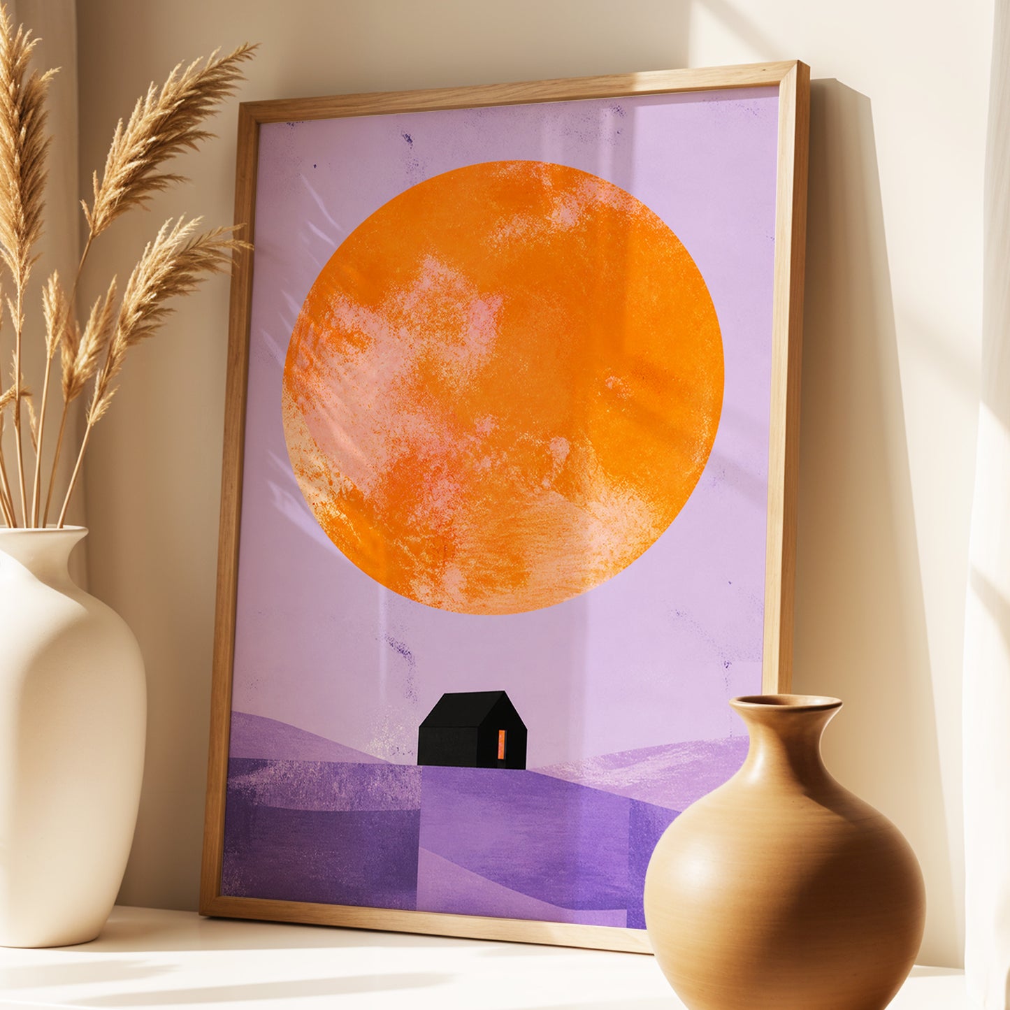 Violet Sun Shelter, black, orange, purple nature wall art displayed in a styled interior, gallery view 1