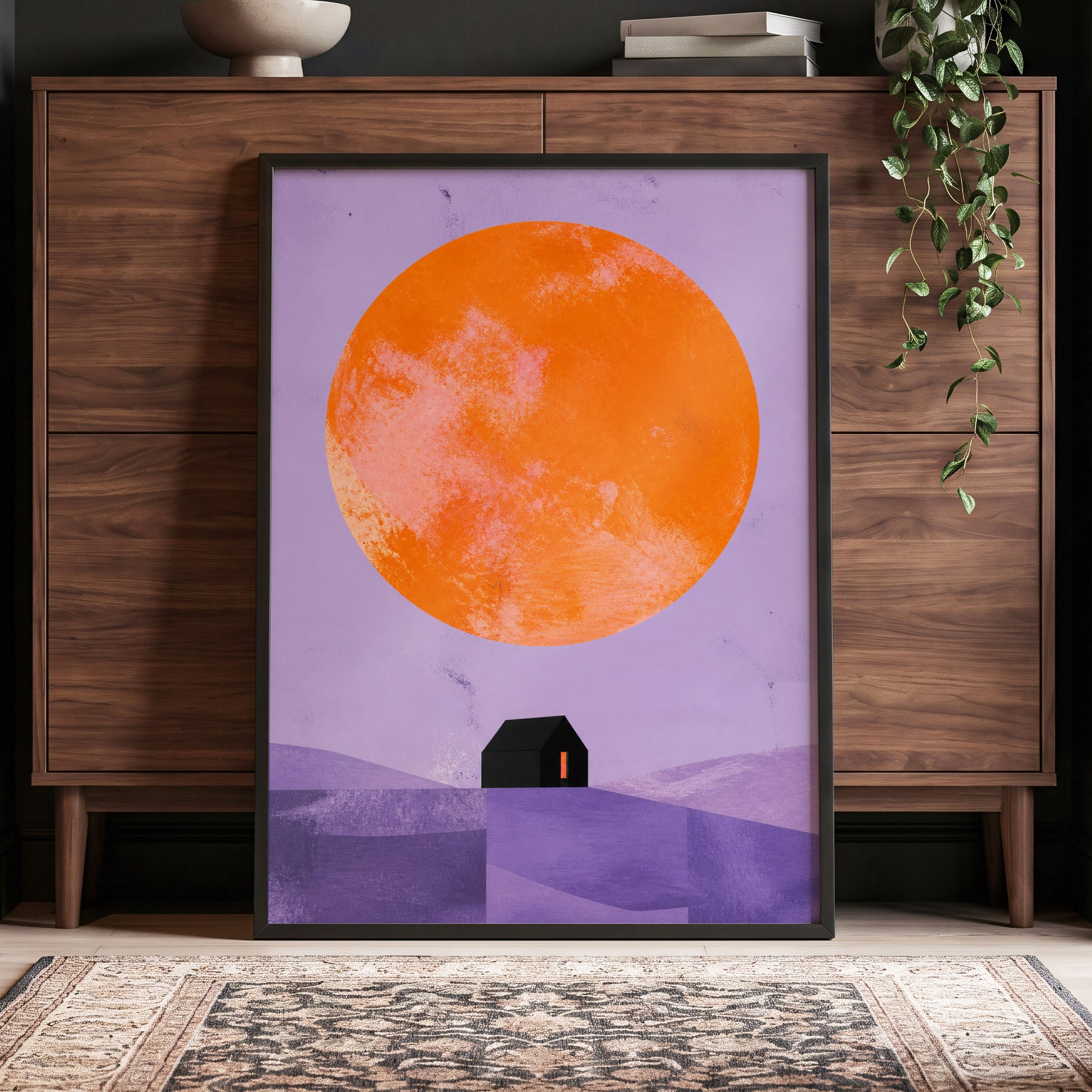 Violet Sun Shelter, black, orange, purple nature wall art displayed in a styled interior, gallery view 4