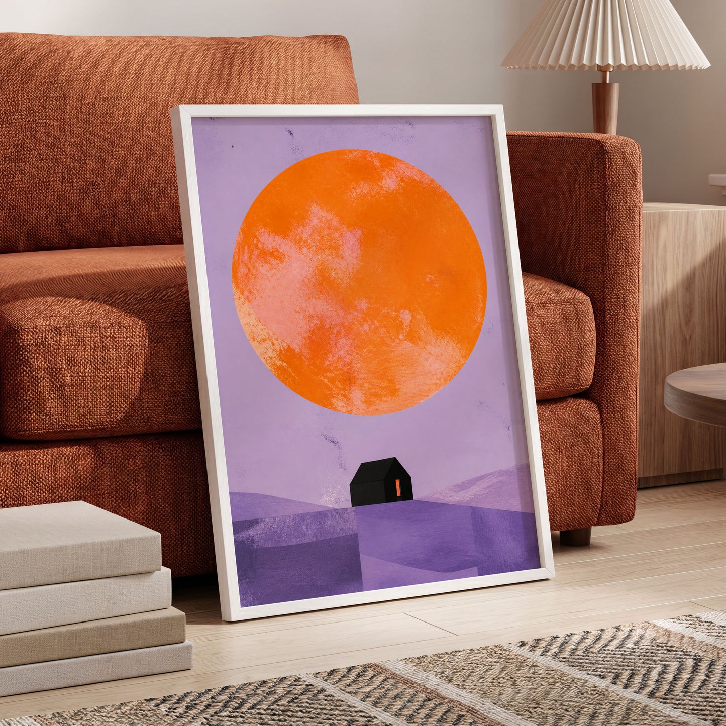 Violet Sun Shelter, black, orange, purple nature wall art displayed in a styled interior, gallery view 5