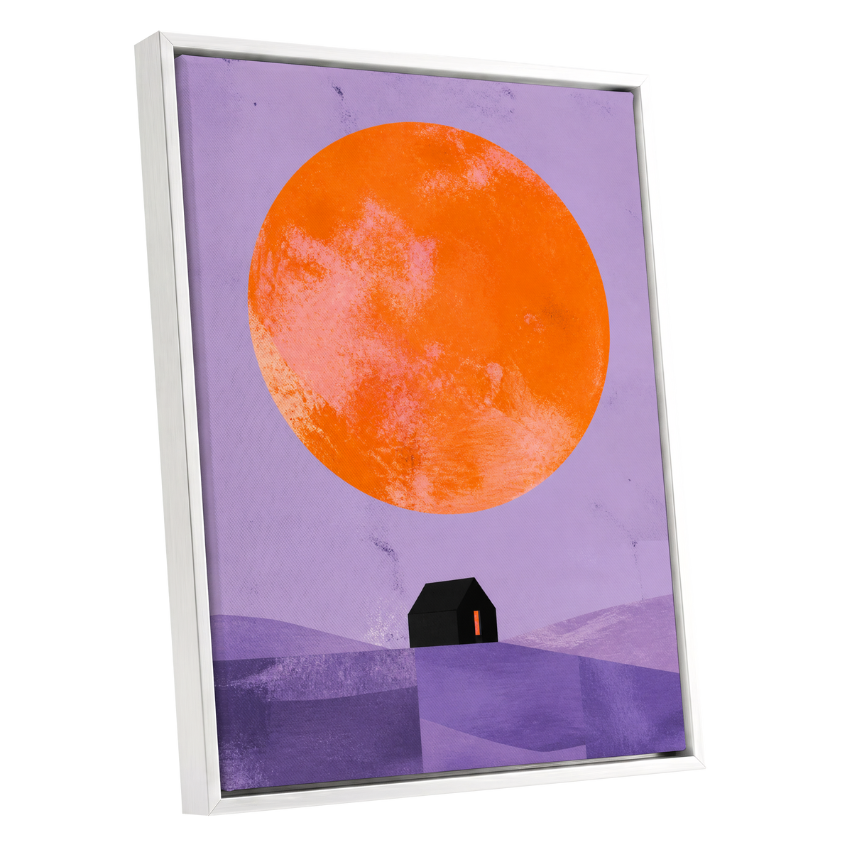 Violet Sun Shelter, black, orange, purple nature wall art shown as a white framed canvas wall art