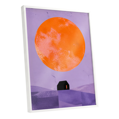 Violet Sun Shelter, black, orange, purple nature wall art shown as a white framed poster wall art print