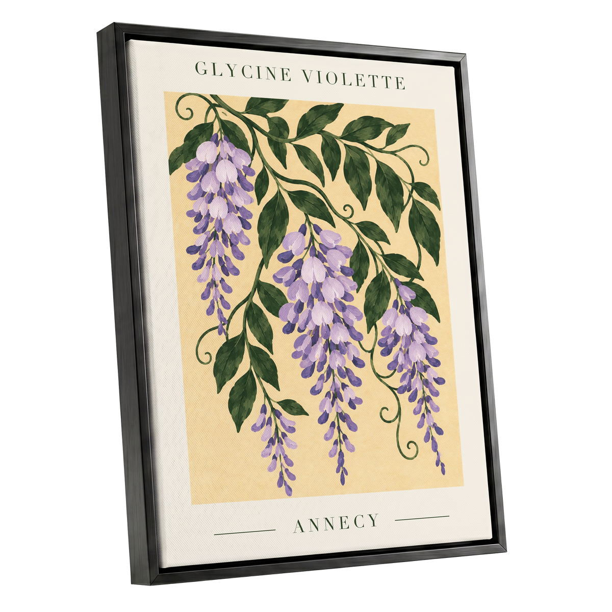 Violet Vines of Annecy, purple, green, beige floral wall art shown as a black framed canvas wall art