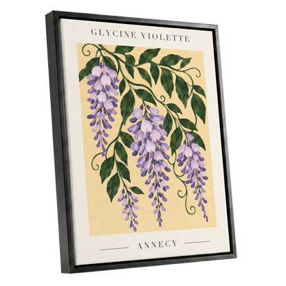 Violet Vines of Annecy, purple, green, beige floral wall art shown as a black framed canvas wall art
