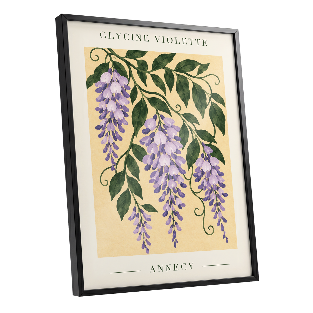 Violet Vines of Annecy, purple, green, beige floral wall art shown as a black framed poster wall art print