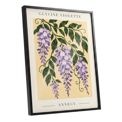 Violet Vines of Annecy, purple, green, beige floral wall art shown as a black framed poster wall art print