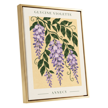 Violet Vines of Annecy, purple, green, beige floral wall art shown as a gold framed canvas wall art