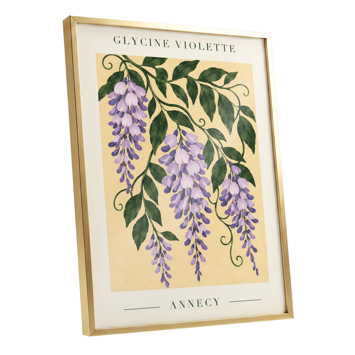 Violet Vines of Annecy, purple, green, beige floral wall art shown as a gold framed poster wall art print