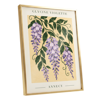 Violet Vines of Annecy, purple, green, beige floral wall art shown as a gold framed poster wall art print