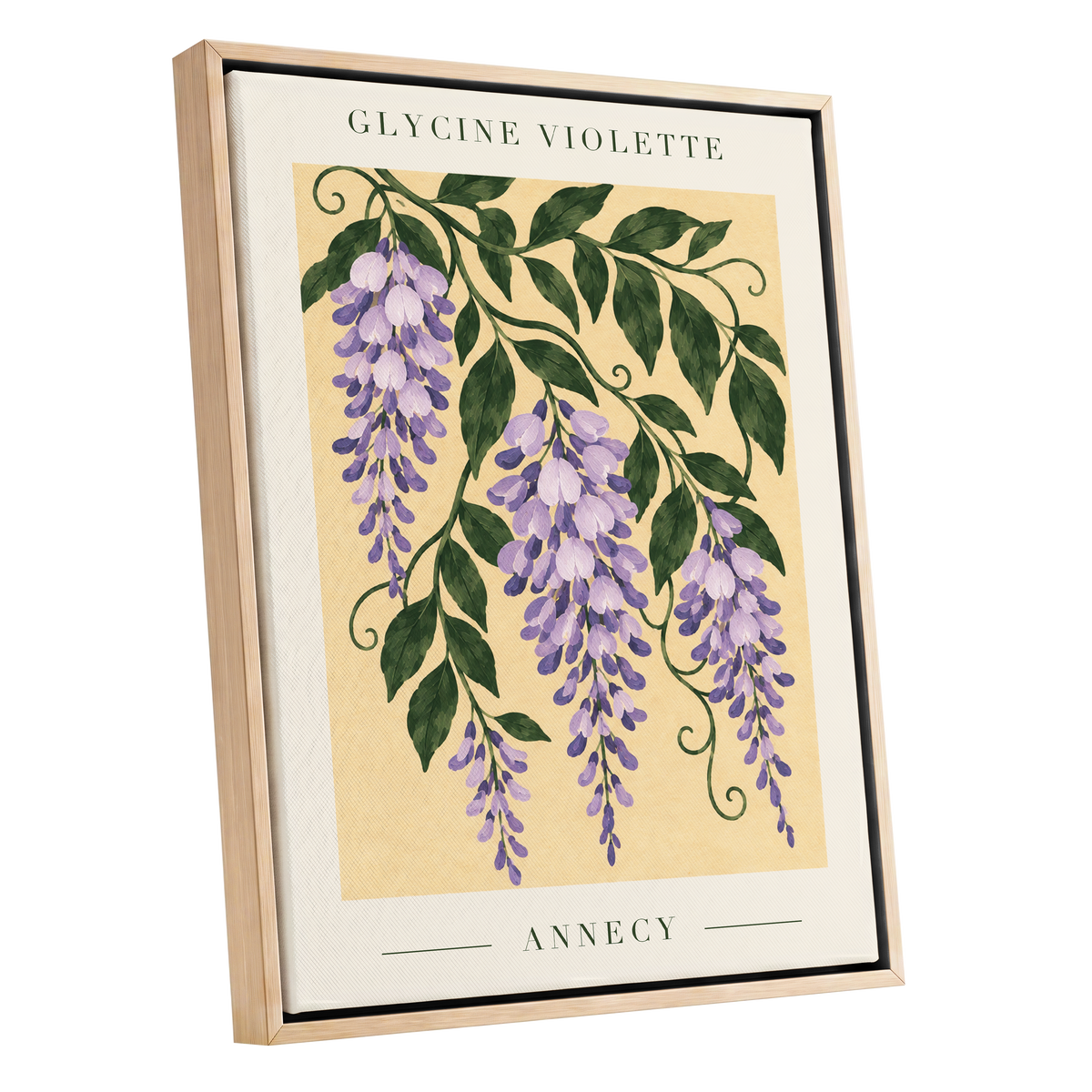 Violet Vines of Annecy, purple, green, beige floral wall art shown as a oak framed canvas wall art