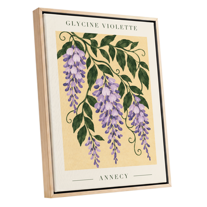 Violet Vines of Annecy, purple, green, beige floral wall art shown as a oak framed canvas wall art