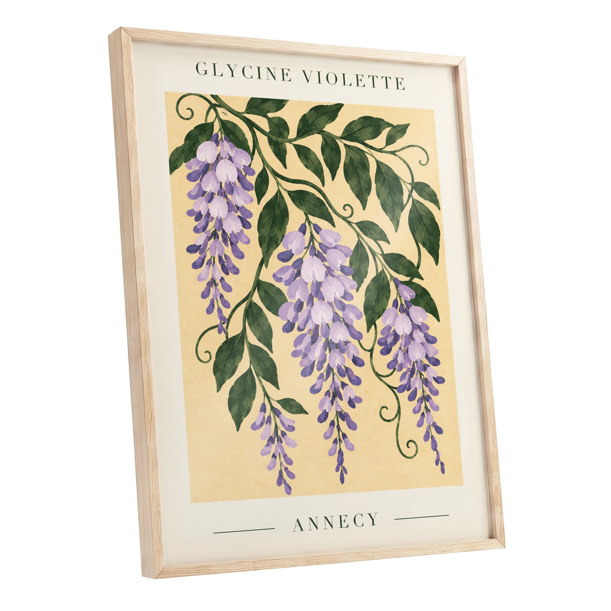 Violet Vines of Annecy, purple, green, beige floral wall art shown as a oak framed poster wall art print