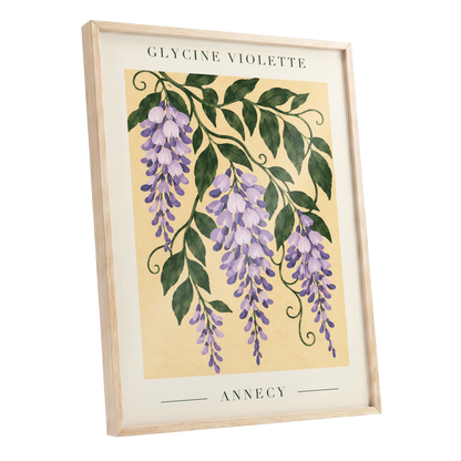Violet Vines of Annecy, purple, green, beige floral wall art shown as a oak framed poster wall art print