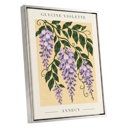 Violet Vines of Annecy, purple, green, beige floral wall art shown as a silver framed canvas wall art