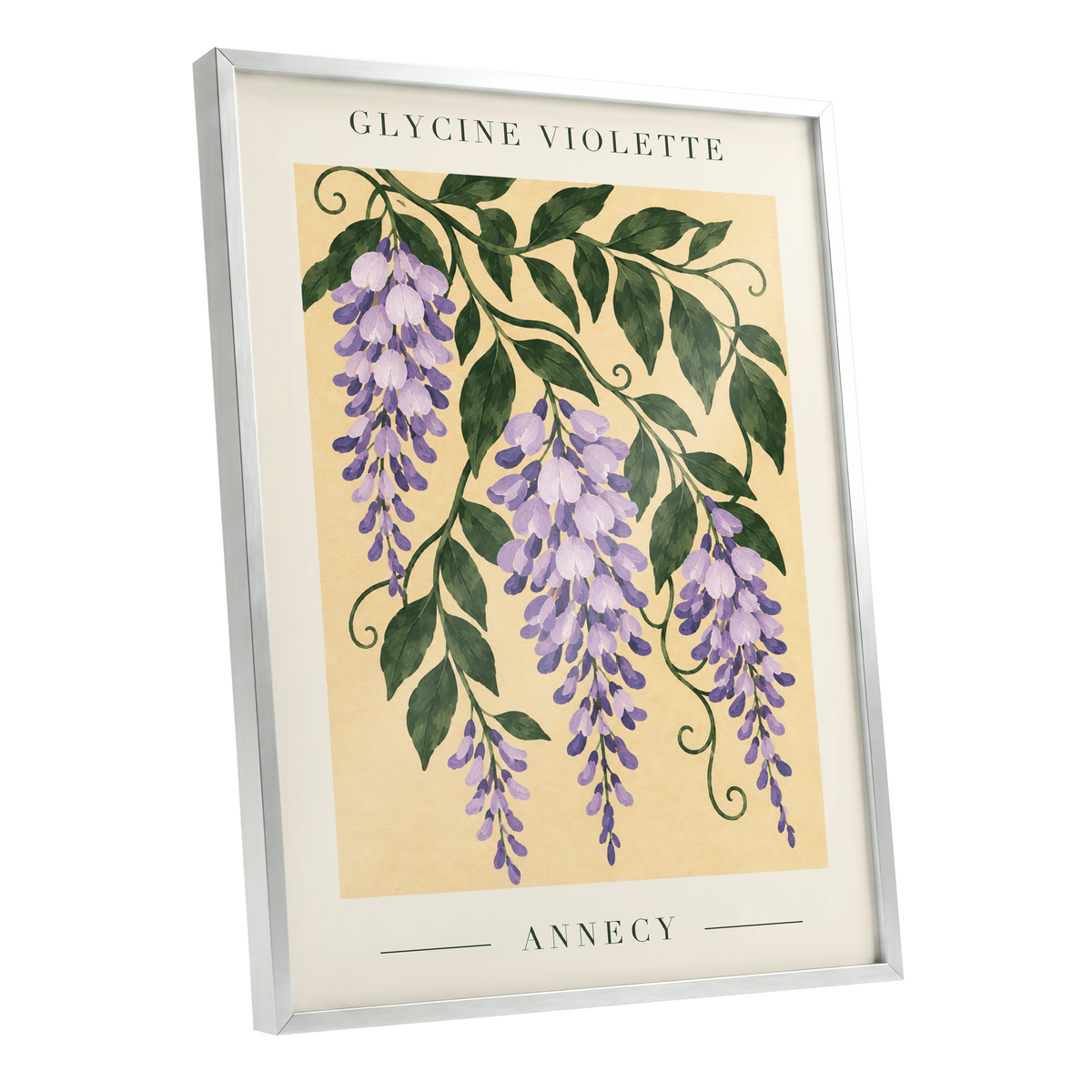 Violet Vines of Annecy, purple, green, beige floral wall art shown as a silver framed poster wall art print