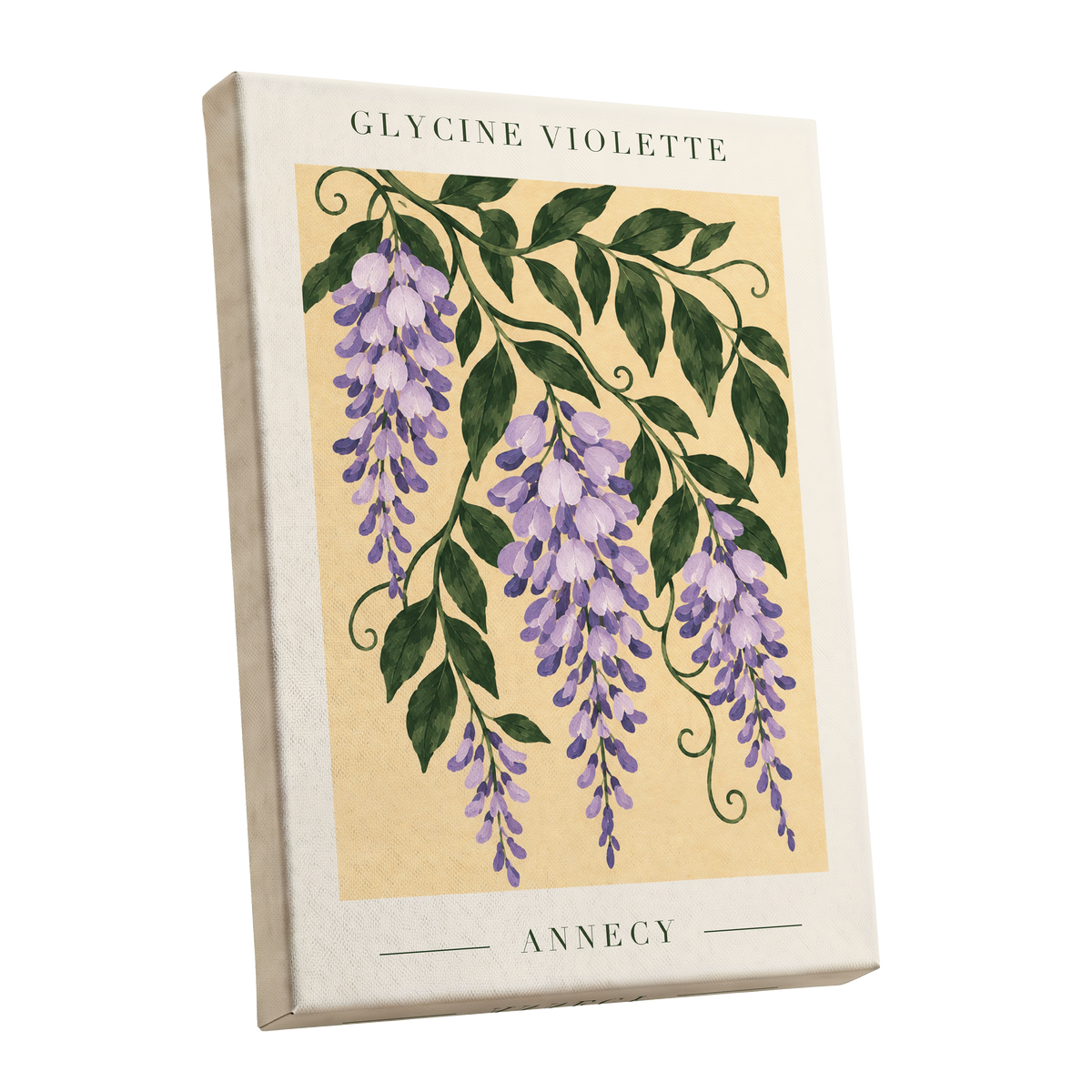 Violet Vines of Annecy, purple, green, beige floral wall art shown as a stretched canvas wall art