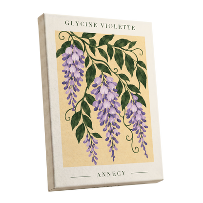 Violet Vines of Annecy, purple, green, beige floral wall art shown as a stretched canvas wall art