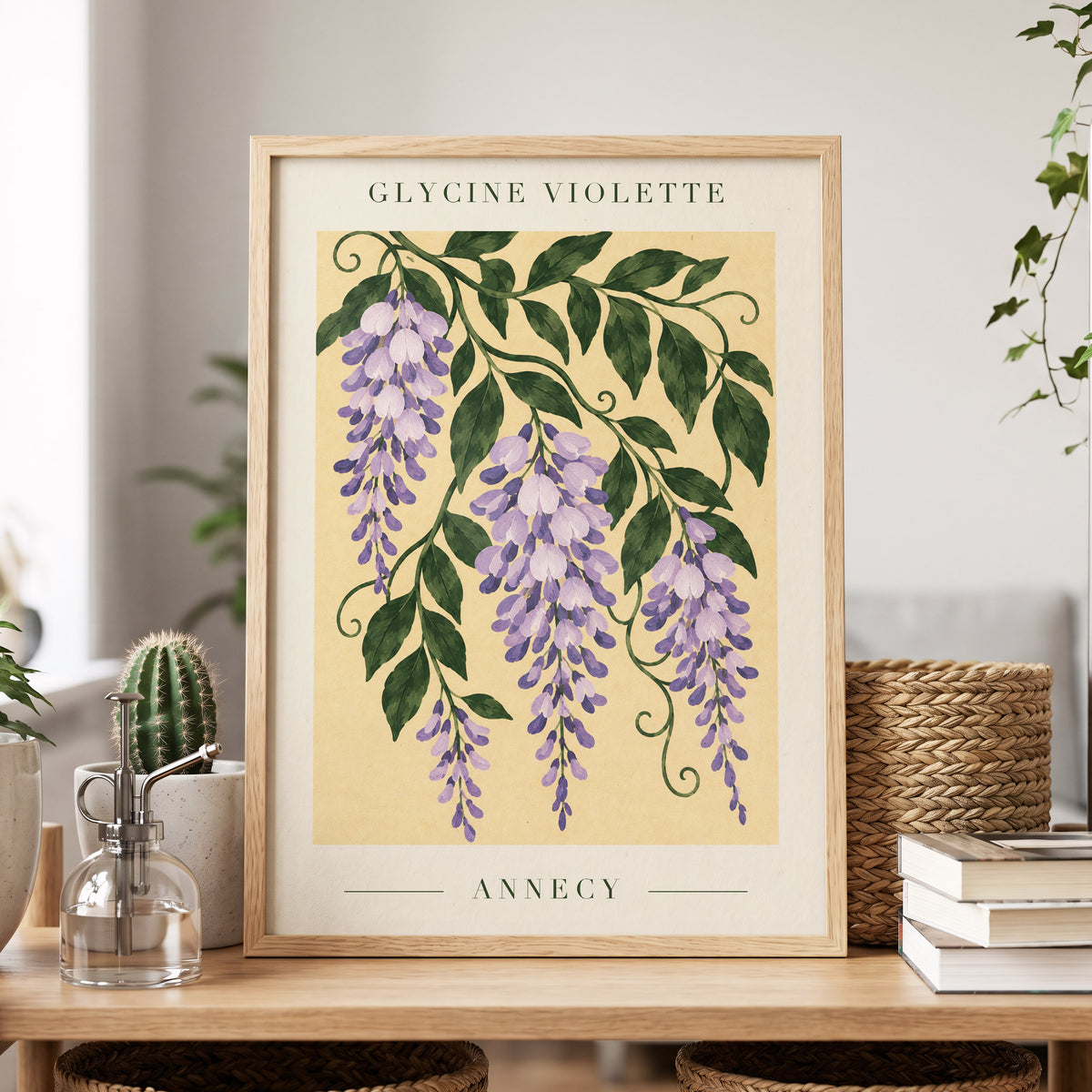 Violet Vines of Annecy, purple, green, beige floral wall art displayed in a styled interior, gallery view 2