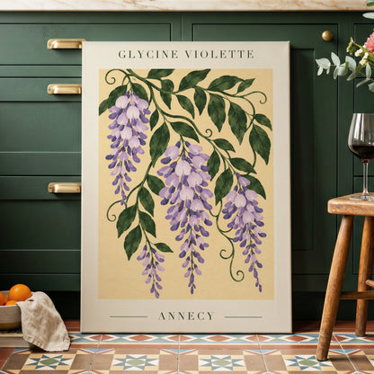 Violet Vines of Annecy, purple, green, beige floral wall art displayed in a styled interior, gallery view 3