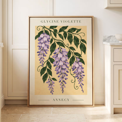 Violet Vines of Annecy, purple, green, beige floral wall art displayed in a styled interior, gallery view 4