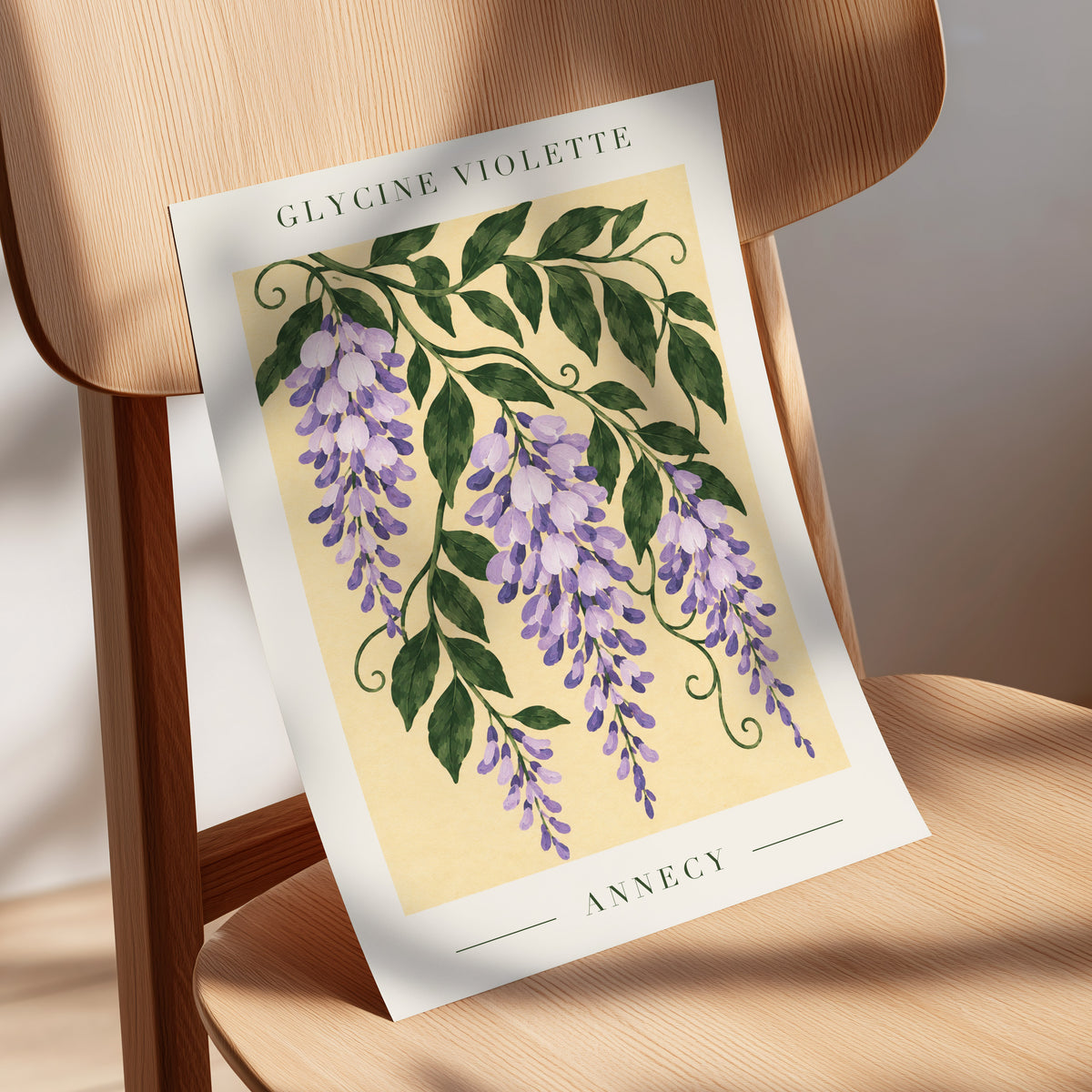Violet Vines of Annecy, purple, green, beige floral wall art displayed in a styled interior, gallery view 5