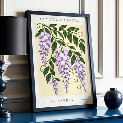 Violet Vines of Annecy, purple, green, beige floral wall art displayed in a styled interior, gallery view 6