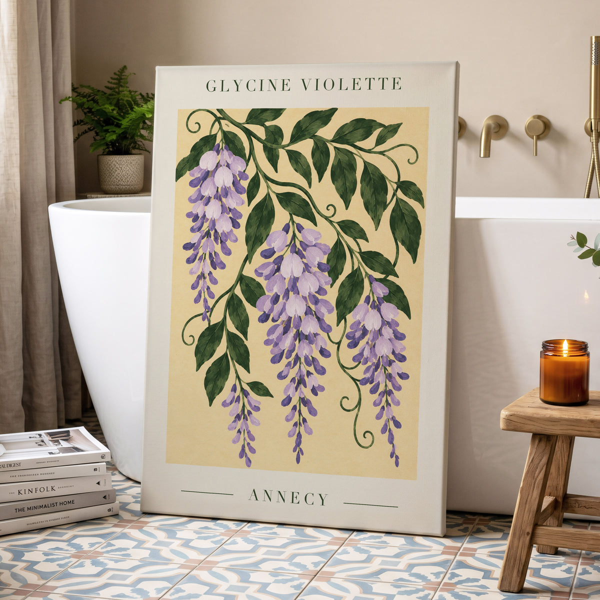 Violet Vines of Annecy, purple, green, beige floral wall art displayed in a styled interior, gallery view 7