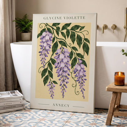 Violet Vines of Annecy, purple, green, beige floral wall art displayed in a styled interior, gallery view 7