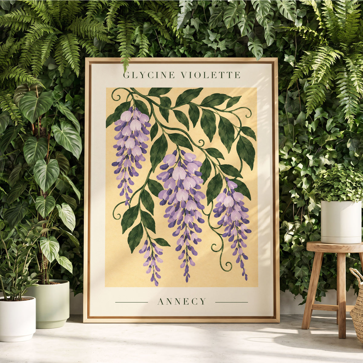 Violet Vines of Annecy, purple, green, beige floral wall art displayed in a styled interior, gallery view 8