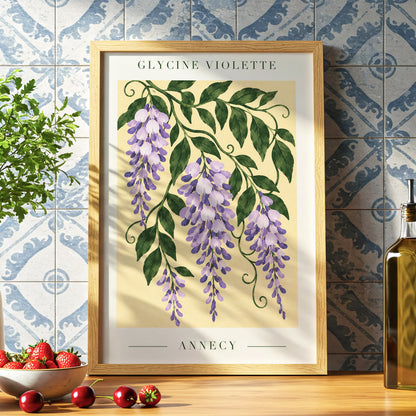 Violet Vines of Annecy, purple, green, beige floral wall art displayed in a styled interior, gallery view 9