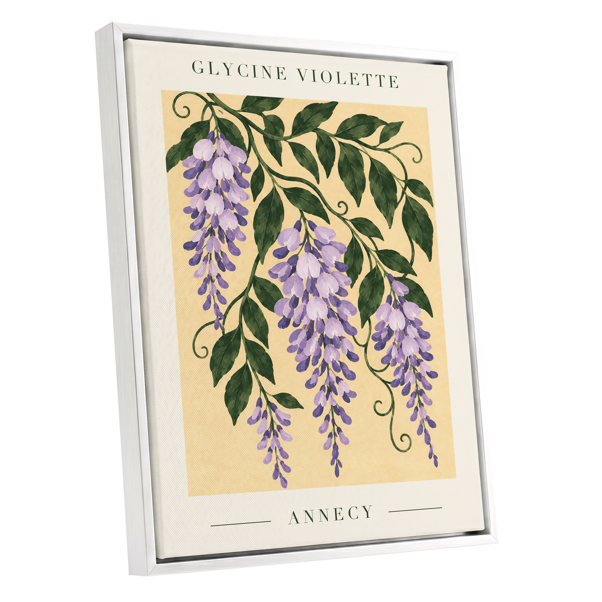 Violet Vines of Annecy, purple, green, beige floral wall art shown as a white framed canvas wall art
